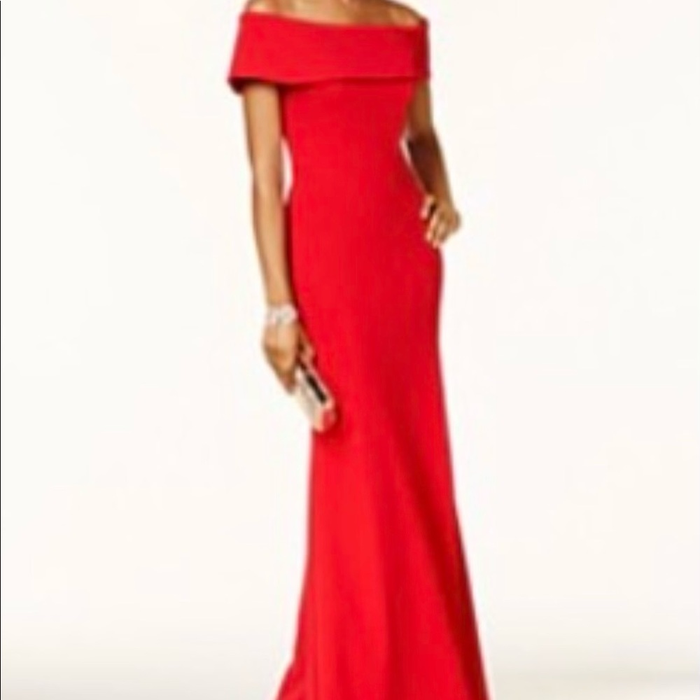 Red odd the shoulder, ruffled back evening dress